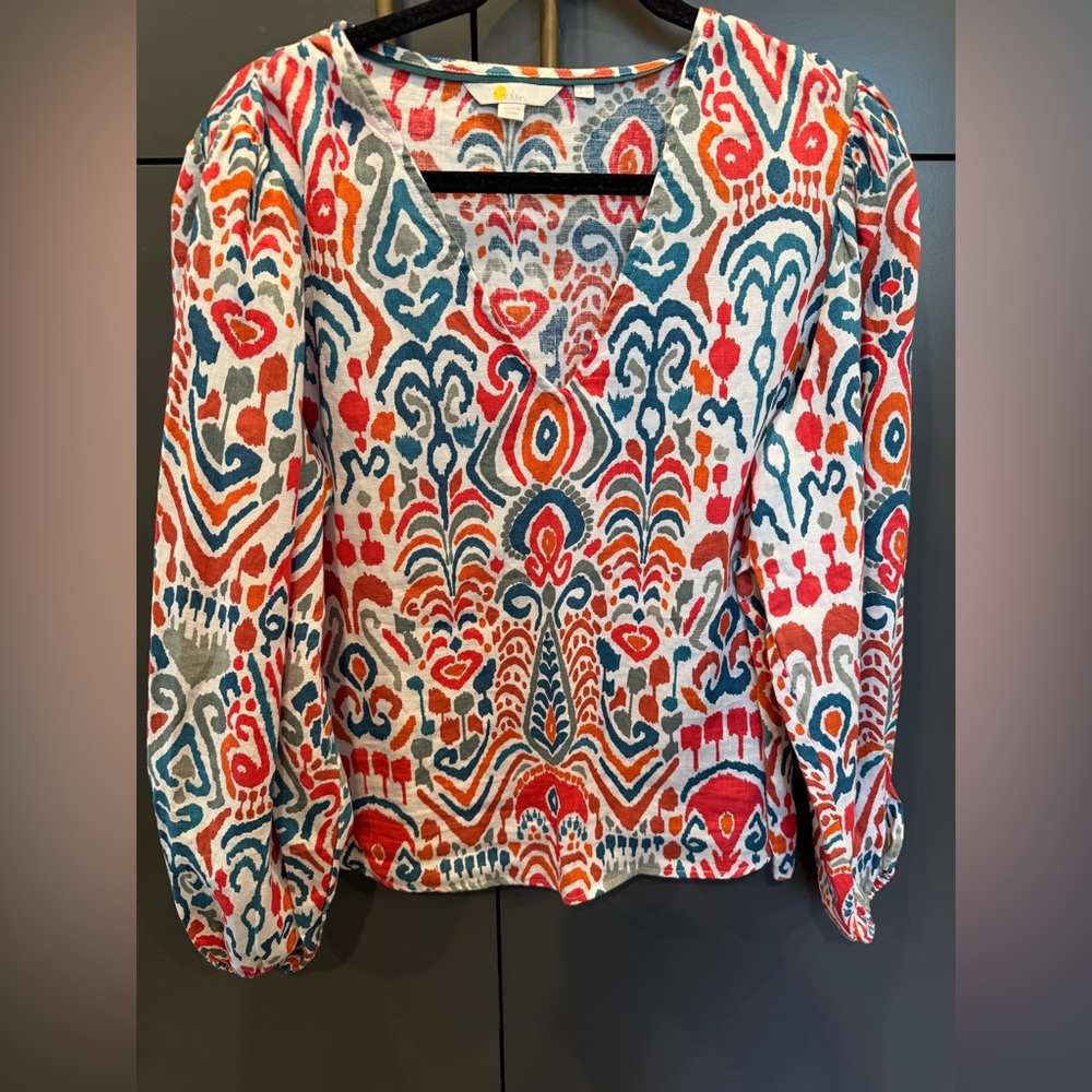Boden Ikat Print V-Neck Blouse | Long Sleeve | Size US 10 - Picture 2 of 4